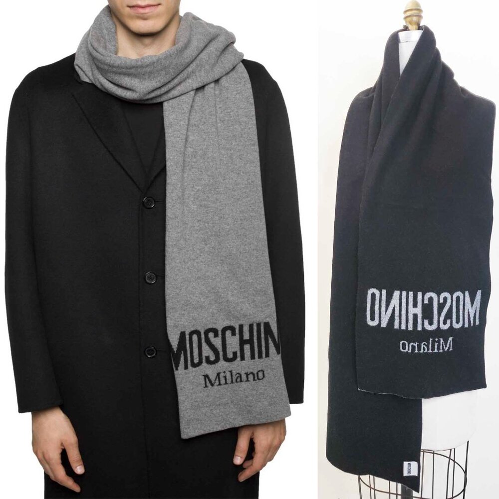 Moschino Unisex Wool Black Gray Logo Scarf Italy